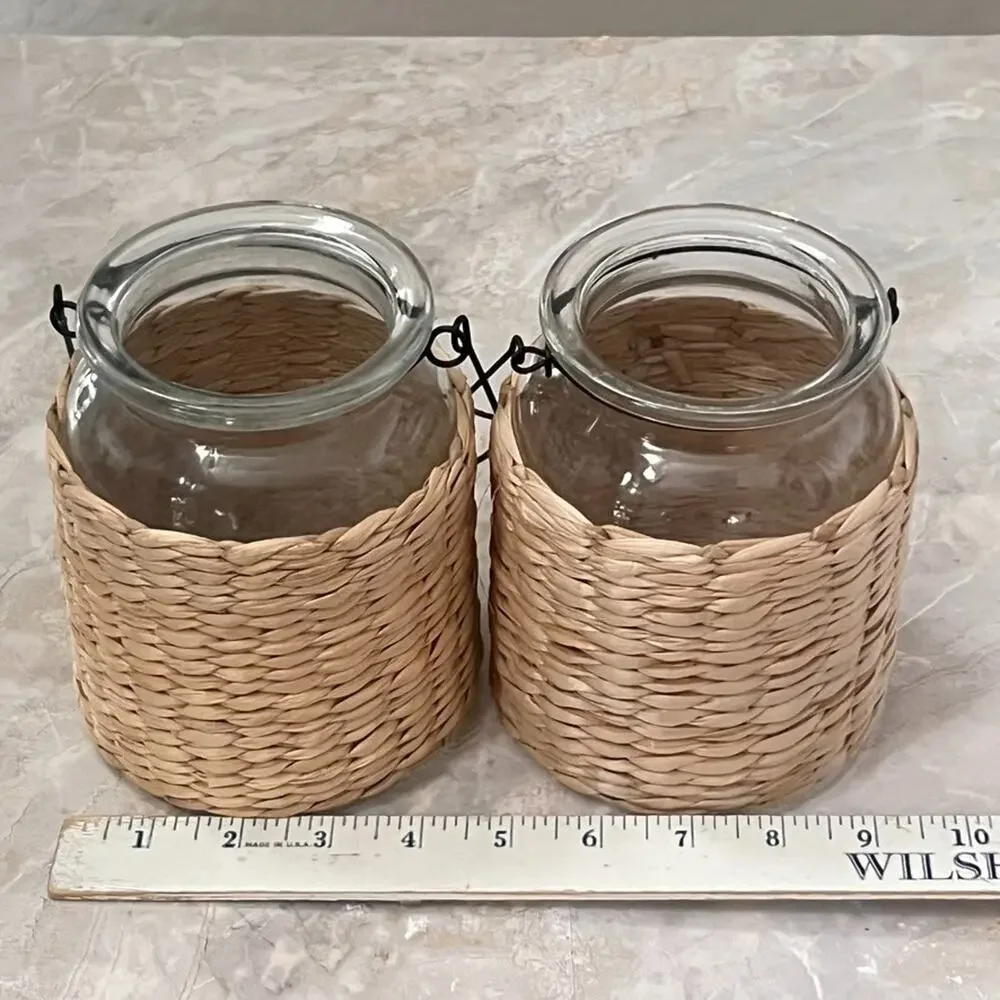 Wicker Glass Jar With Black Metal Handle Multi-Purpose Candle Plant Boho